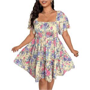 Plus Size Women's Boho Floral Ruffle Dress High Waisted A Line Vacation Wear